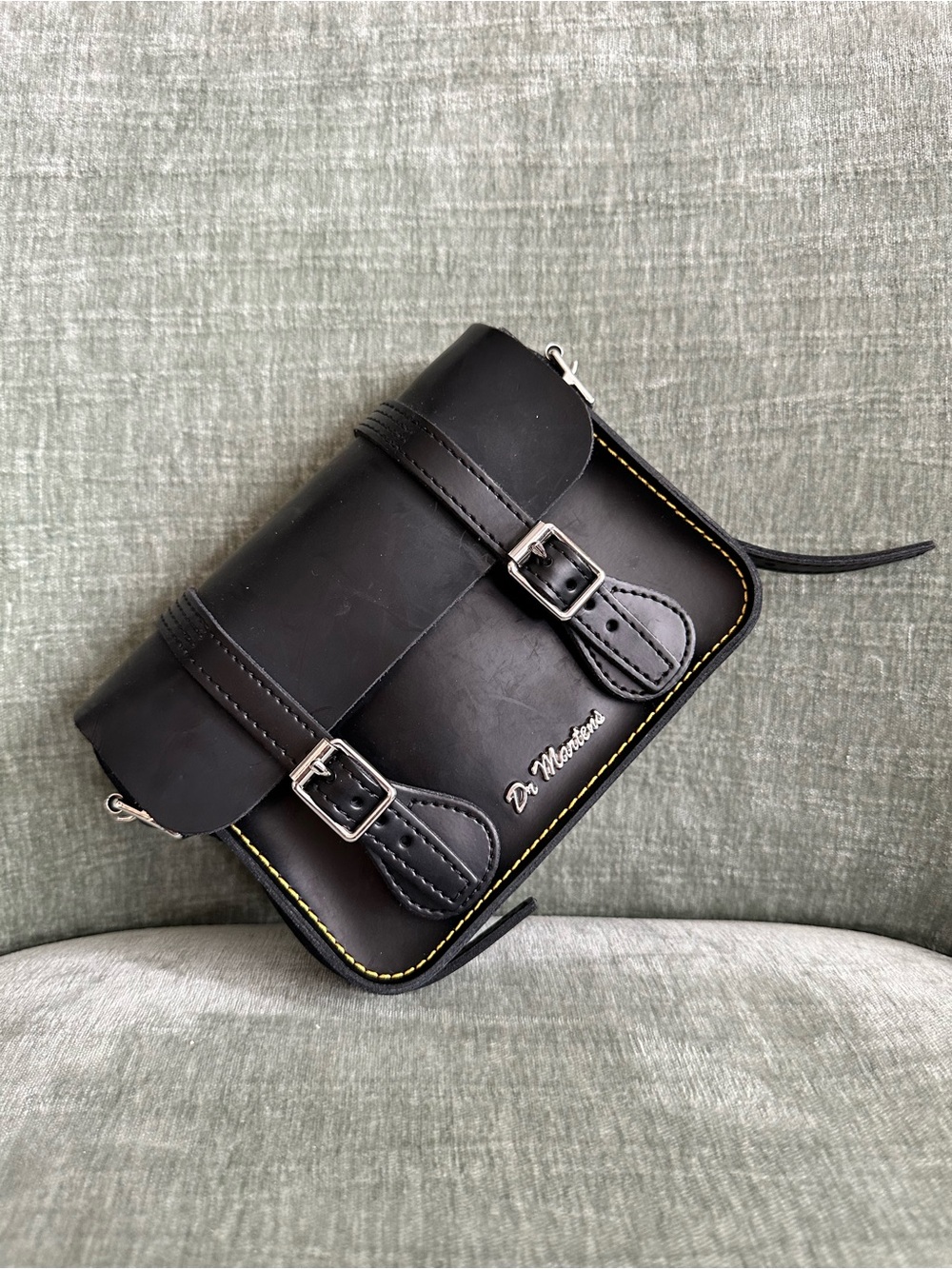 Dr. Martens Black Leather Double-Buckle Satchel with Yellow Stitching